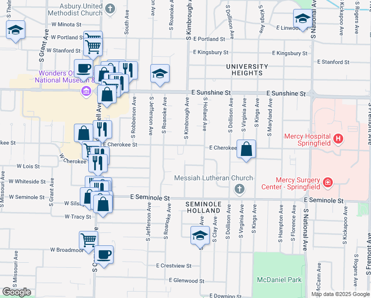 map of restaurants, bars, coffee shops, grocery stores, and more near 550 East Cherokee Street in Springfield