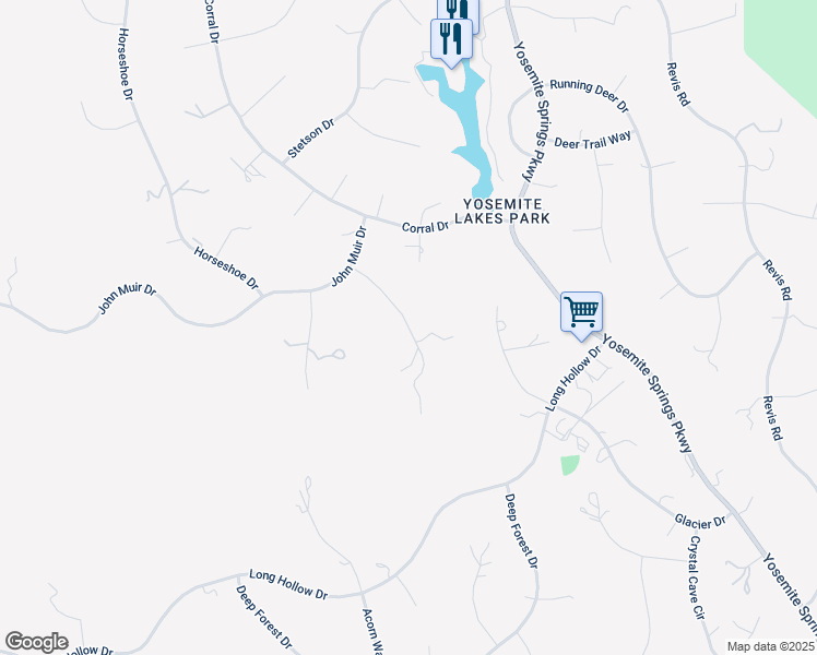 map of restaurants, bars, coffee shops, grocery stores, and more near Jim Bowie Court in Yosemite Lakes