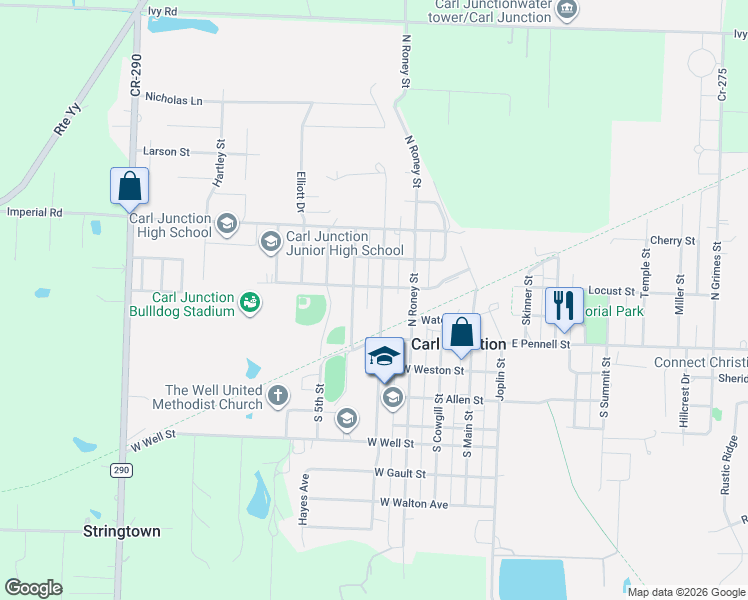 map of restaurants, bars, coffee shops, grocery stores, and more near 204 North Broadway Avenue in Carl Junction