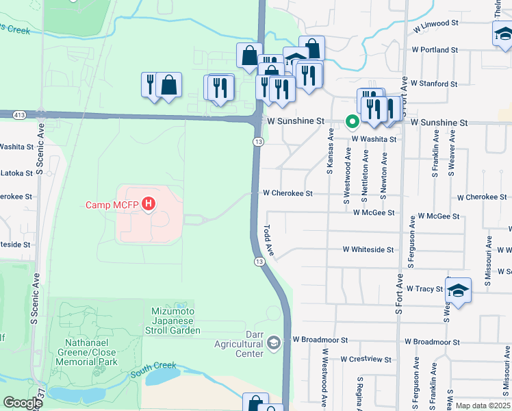 map of restaurants, bars, coffee shops, grocery stores, and more near 2034 South Kansas Expressway in Springfield