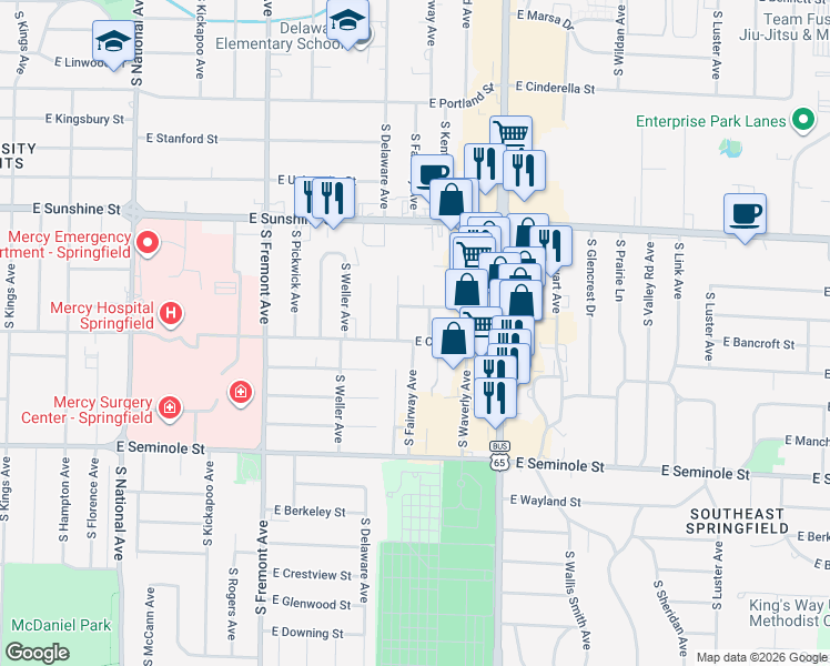 map of restaurants, bars, coffee shops, grocery stores, and more near 1614 East Latoka Street in Springfield