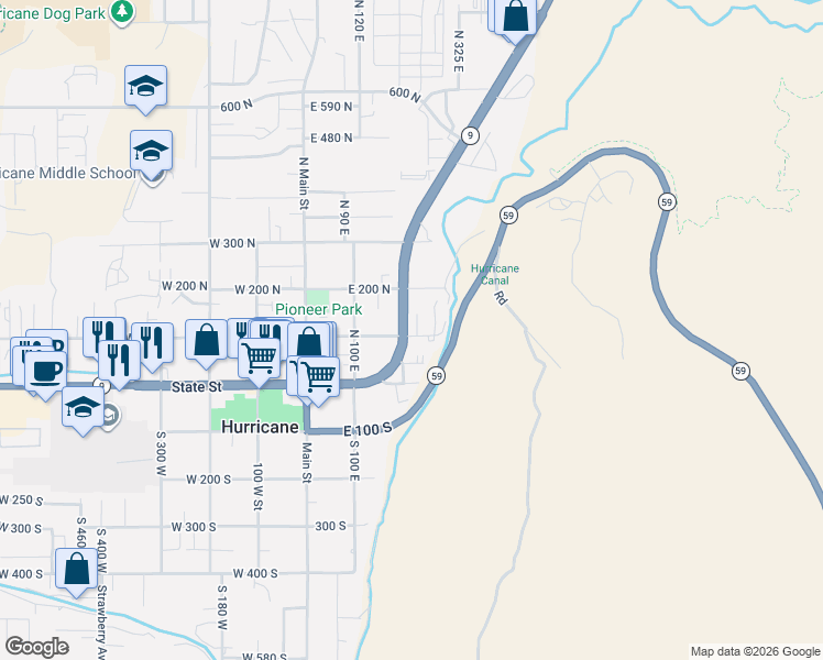 map of restaurants, bars, coffee shops, grocery stores, and more near 71 East Street in Hurricane