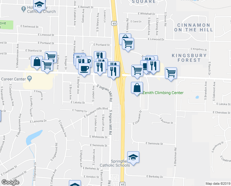 map of restaurants, bars, coffee shops, grocery stores, and more near 1868 South Ingram Mill Road in Springfield