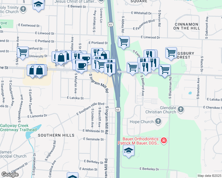 map of restaurants, bars, coffee shops, grocery stores, and more near 1840 South Ingram Mill Road in Springfield