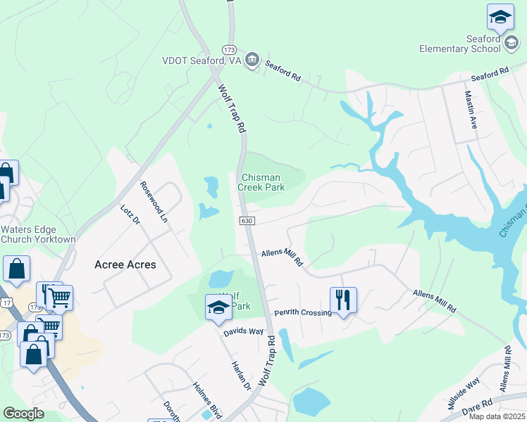 map of restaurants, bars, coffee shops, grocery stores, and more near 1210 Wolf Trap Road in Yorktown