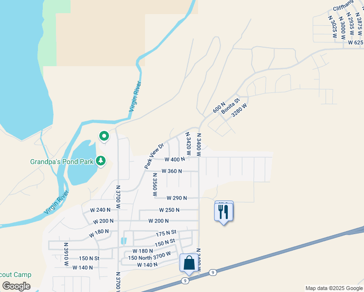 map of restaurants, bars, coffee shops, grocery stores, and more near 430 North 3450 West in Hurricane