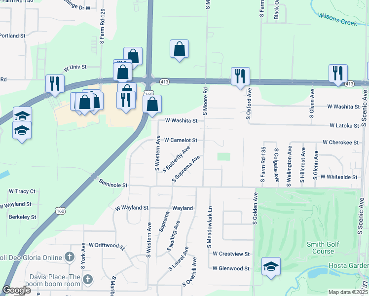map of restaurants, bars, coffee shops, grocery stores, and more near 3329 West Camelot Street in Springfield