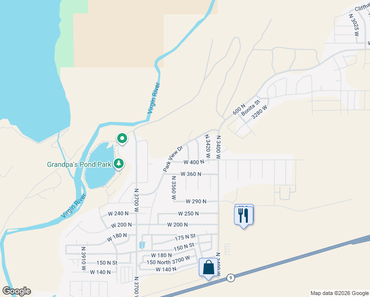 map of restaurants, bars, coffee shops, grocery stores, and more near 3487 Park View Drive in Hurricane