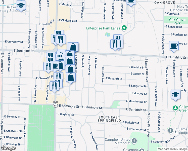 map of restaurants, bars, coffee shops, grocery stores, and more near 1924 South Valley Road Avenue in Springfield