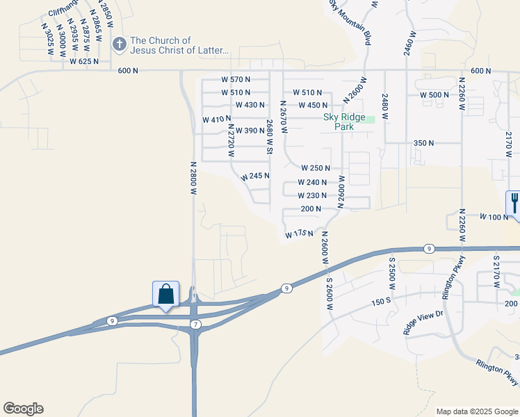 map of restaurants, bars, coffee shops, grocery stores, and more near 2707 West 220 North in Hurricane