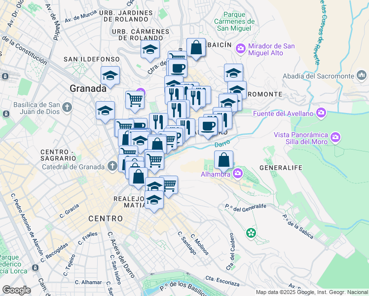 map of restaurants, bars, coffee shops, grocery stores, and more near 35 Carrera del Darro in Granada