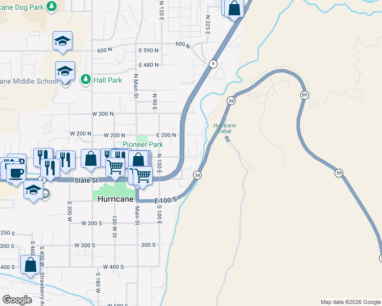 map of restaurants, bars, coffee shops, grocery stores, and more near 120 North 240 East in Hurricane