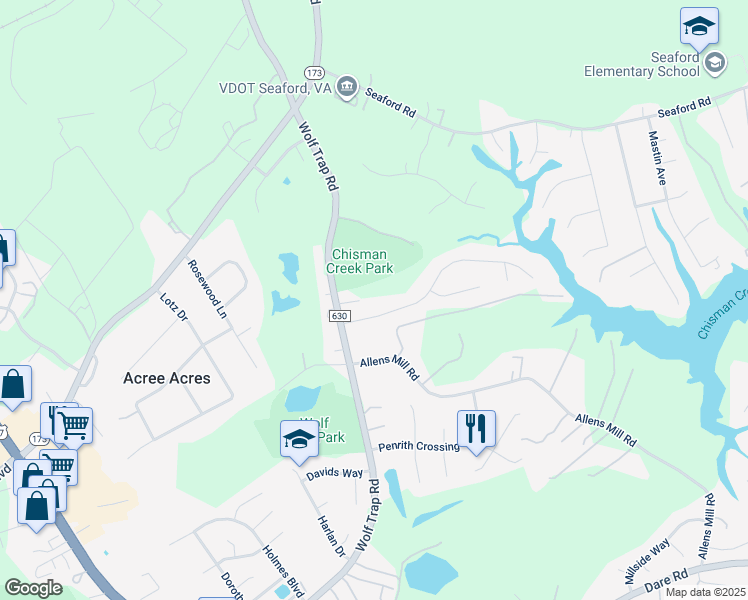 map of restaurants, bars, coffee shops, grocery stores, and more near 1210 Wolf Trap Road in Yorktown