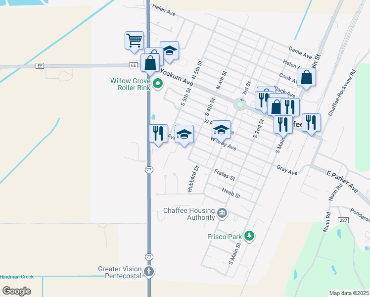 map of restaurants, bars, coffee shops, grocery stores, and more near 408 Elliott Avenue in Chaffee