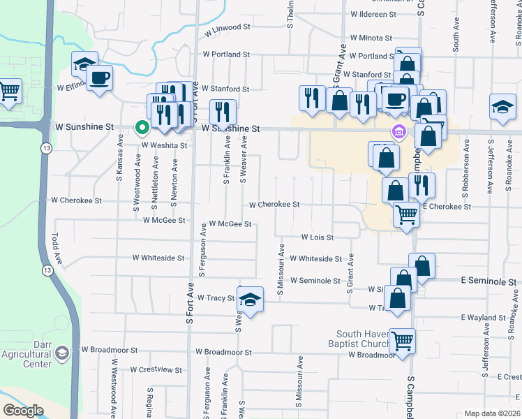 map of restaurants, bars, coffee shops, grocery stores, and more near 1954 South Broadway Avenue in Springfield
