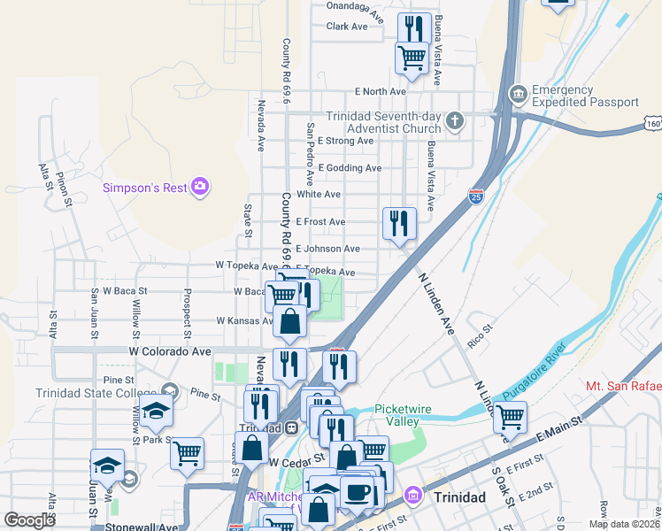map of restaurants, bars, coffee shops, grocery stores, and more near 224 East Johnson Avenue in Trinidad
