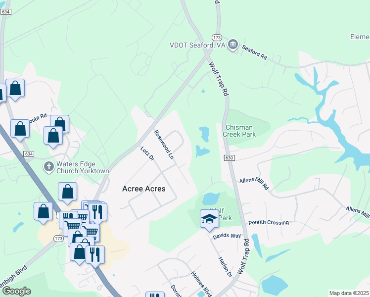 map of restaurants, bars, coffee shops, grocery stores, and more near 120 Sleepy Hollow Lane in Yorktown