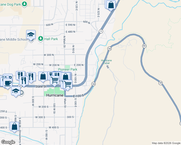 map of restaurants, bars, coffee shops, grocery stores, and more near 144 North 240 East in Hurricane