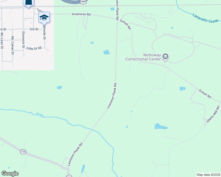 map of restaurants, bars, coffee shops, grocery stores, and more near 1030 Lewiston Plank Road in Burkeville