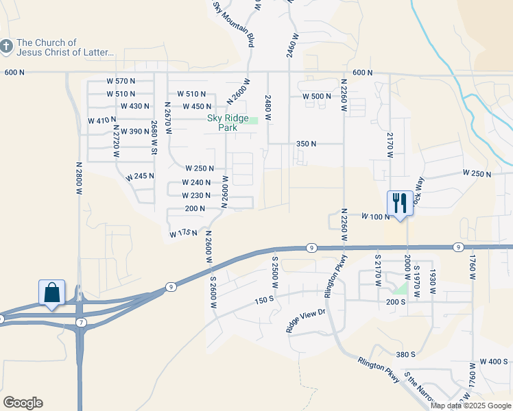 map of restaurants, bars, coffee shops, grocery stores, and more near 2542 West 225 North in Hurricane