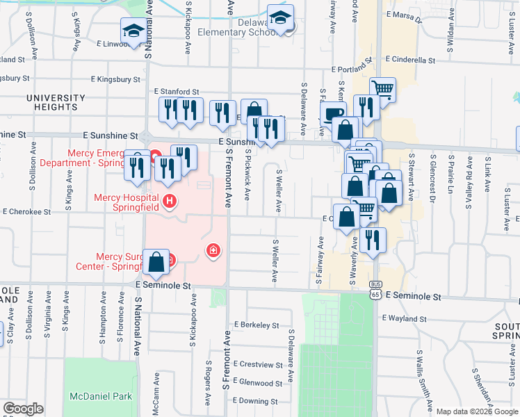 map of restaurants, bars, coffee shops, grocery stores, and more near 1932 South Pickwick Avenue in Springfield