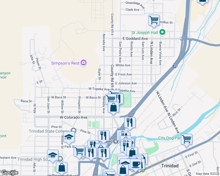 map of restaurants, bars, coffee shops, grocery stores, and more near 100-198 W Johnson Ave in Trinidad