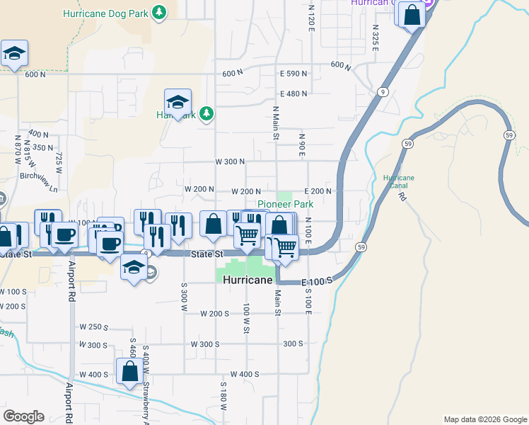 map of restaurants, bars, coffee shops, grocery stores, and more near 163 North Main Street in Hurricane