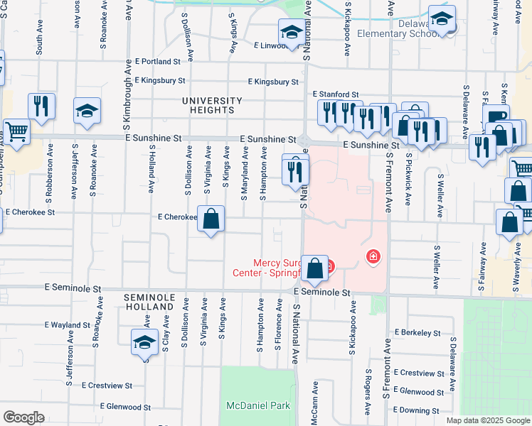 map of restaurants, bars, coffee shops, grocery stores, and more near 1102 East Latoka Street in Springfield