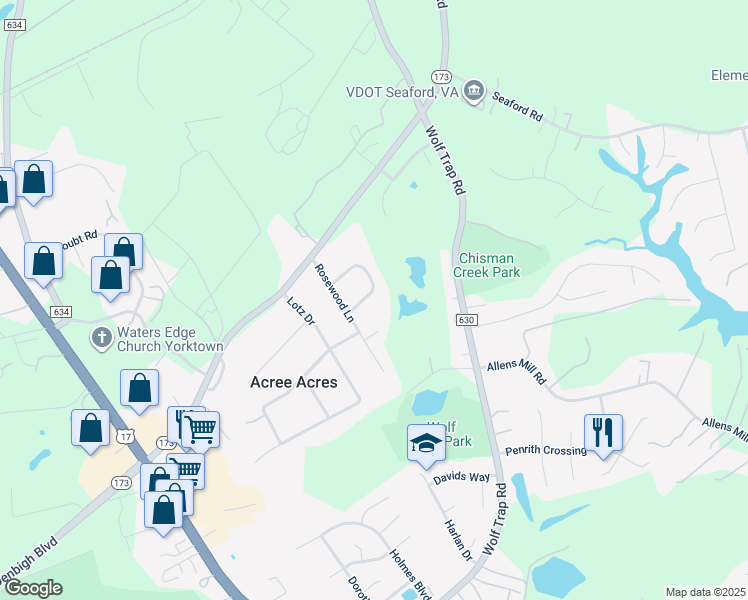 map of restaurants, bars, coffee shops, grocery stores, and more near 120 Sleepy Hollow Lane in Yorktown