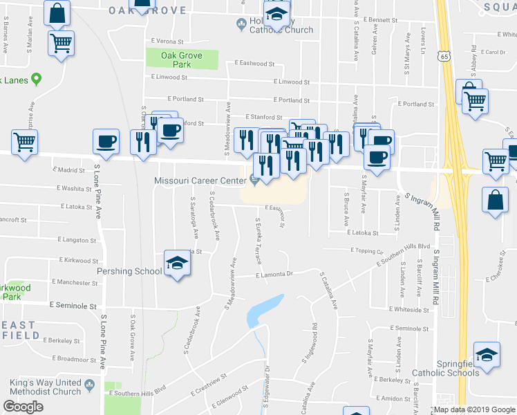map of restaurants, bars, coffee shops, grocery stores, and more near 1200 South Eureka Terrace in Springfield