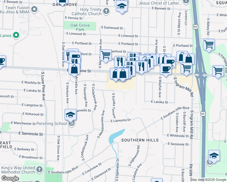 map of restaurants, bars, coffee shops, grocery stores, and more near 1236 South Eureka Terrace in Springfield