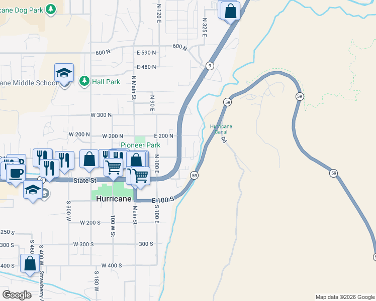 map of restaurants, bars, coffee shops, grocery stores, and more near 144 North 240 East in Hurricane