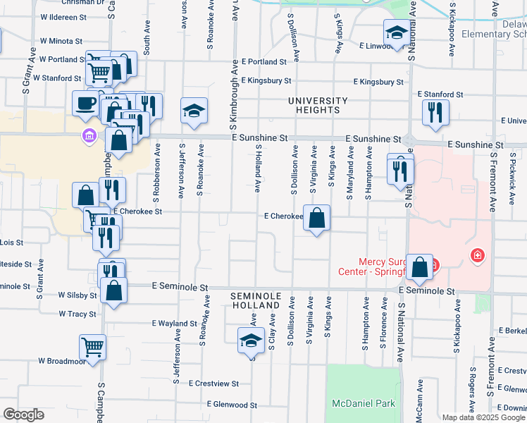 map of restaurants, bars, coffee shops, grocery stores, and more near 1946 South Holland Avenue in Springfield