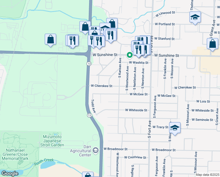 map of restaurants, bars, coffee shops, grocery stores, and more near 1701 West Cherokee Street in Springfield