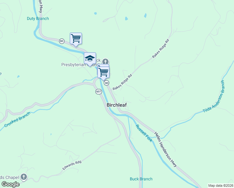 map of restaurants, bars, coffee shops, grocery stores, and more near 108 Rakes Ridge Road in Birchleaf