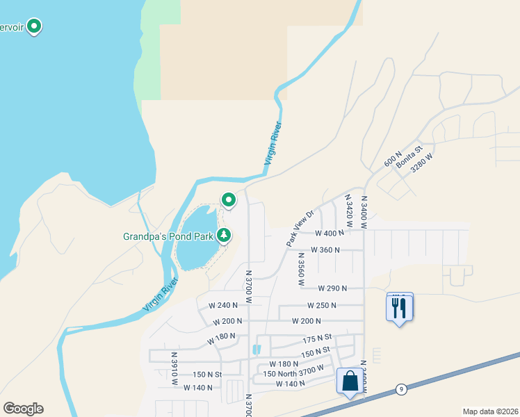 map of restaurants, bars, coffee shops, grocery stores, and more near 507 North 3650 West in Hurricane