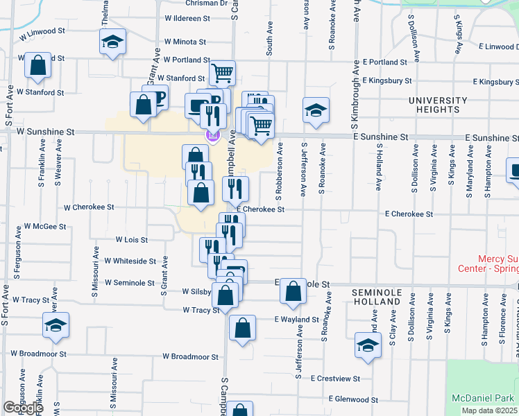 map of restaurants, bars, coffee shops, grocery stores, and more near 1931 South Ave in Springfield