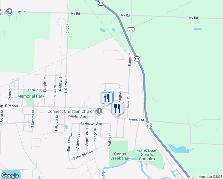 map of restaurants, bars, coffee shops, grocery stores, and more near 410 North Arlington Drive in Carl Junction