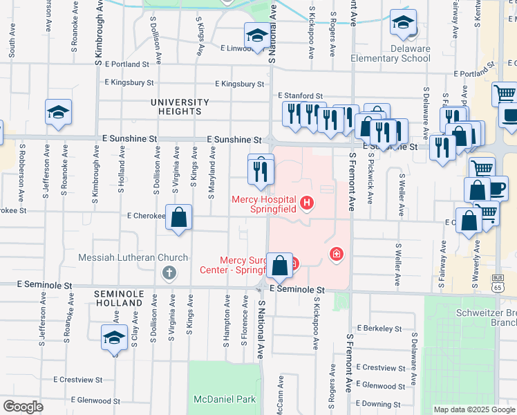 map of restaurants, bars, coffee shops, grocery stores, and more near 1955 South National Avenue in Springfield