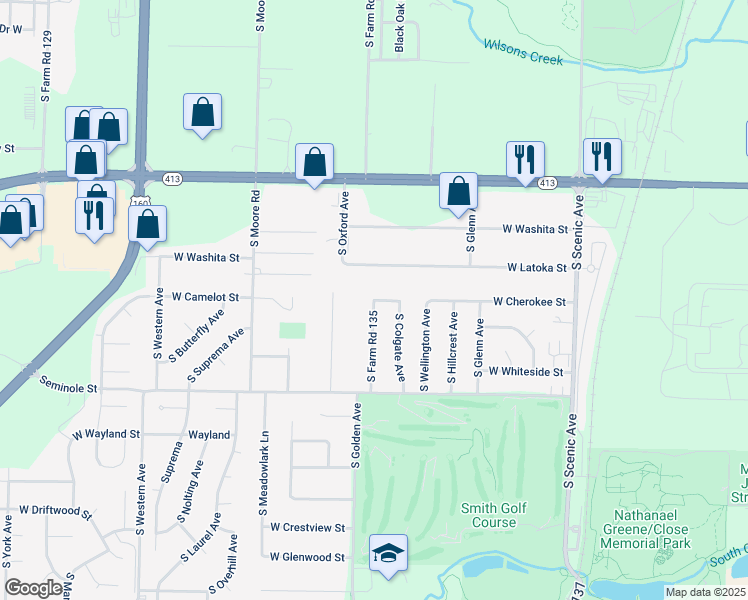 map of restaurants, bars, coffee shops, grocery stores, and more near 2000 South Farm Road 135 in Springfield