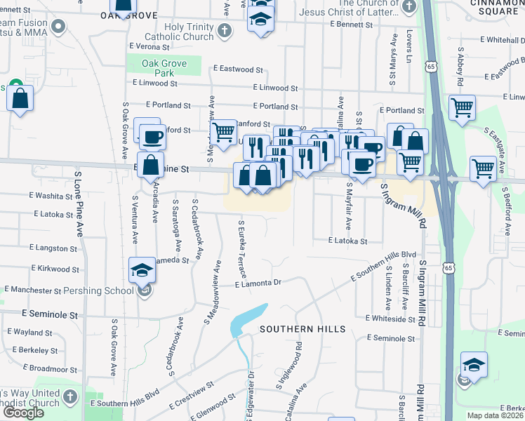 map of restaurants, bars, coffee shops, grocery stores, and more near 2933 E Eastmoor St in Springfield