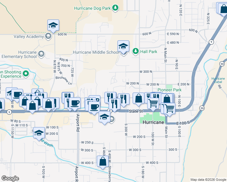 map of restaurants, bars, coffee shops, grocery stores, and more near 126 North 400 West in Hurricane