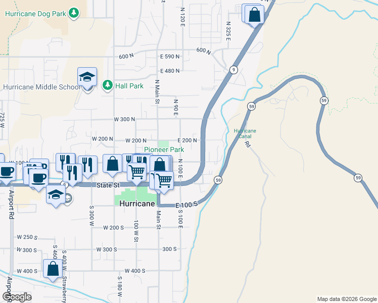 map of restaurants, bars, coffee shops, grocery stores, and more near 161 North 160 East in Hurricane