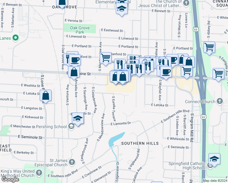 map of restaurants, bars, coffee shops, grocery stores, and more near 2905 East Eastmoor Drive in Springfield
