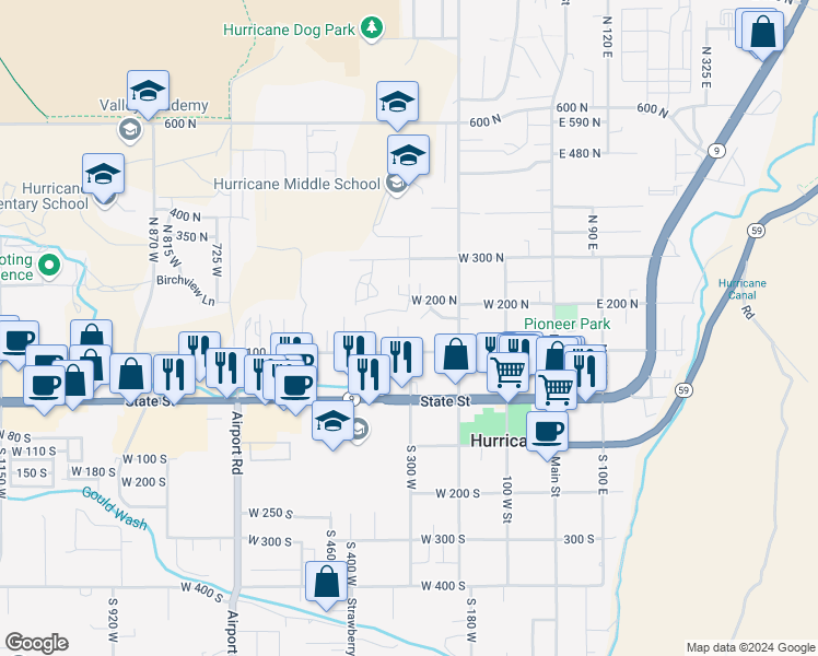 map of restaurants, bars, coffee shops, grocery stores, and more near 124 North 325 West in Hurricane
