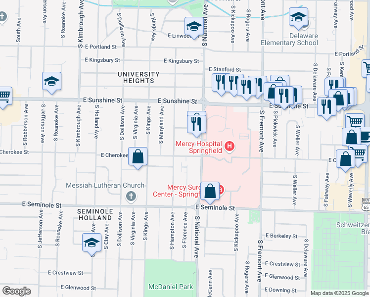 map of restaurants, bars, coffee shops, grocery stores, and more near 1955 South National Avenue in Springfield