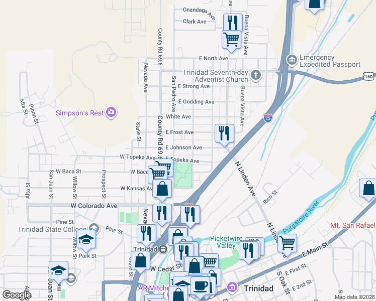 map of restaurants, bars, coffee shops, grocery stores, and more near 224 East Johnson Avenue in Trinidad