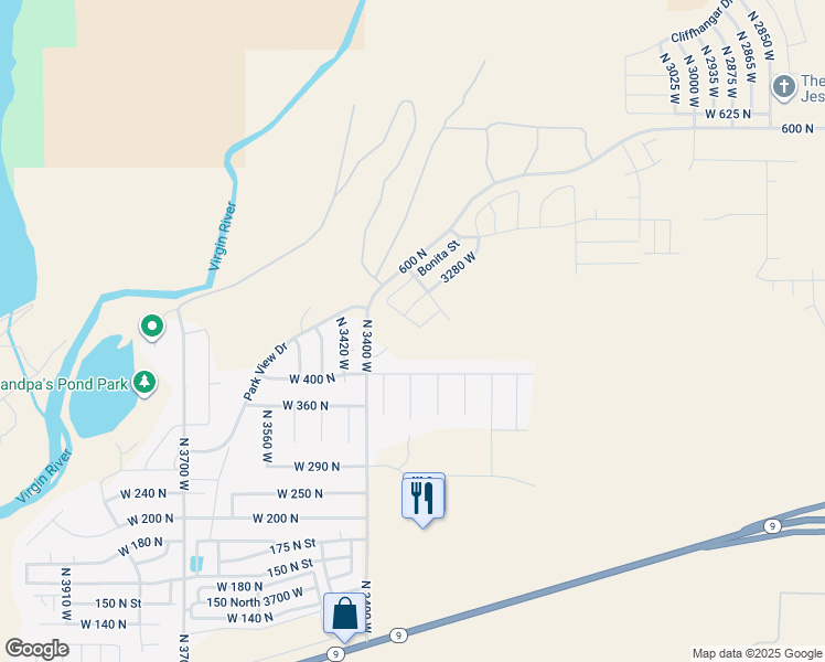 map of restaurants, bars, coffee shops, grocery stores, and more near 461 North 3380 West in Hurricane