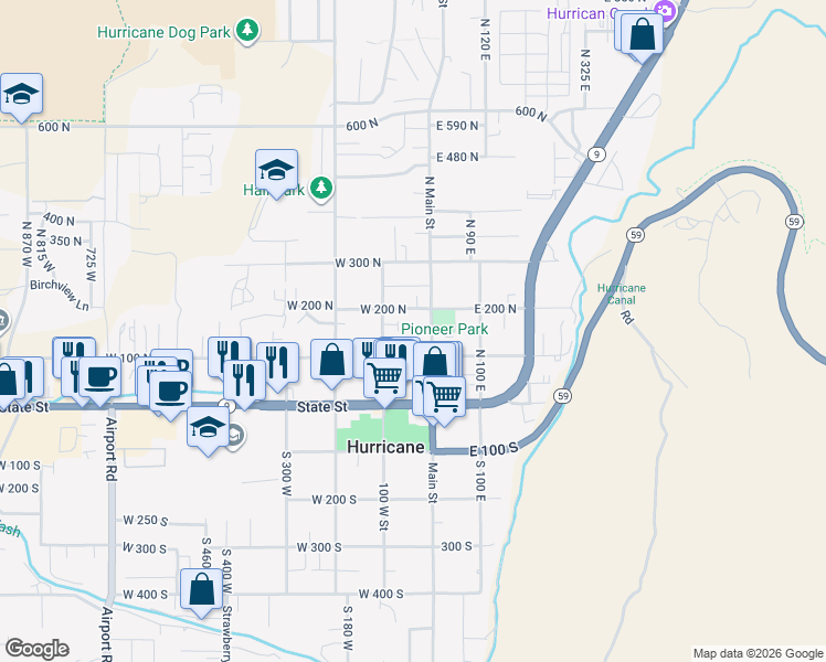 map of restaurants, bars, coffee shops, grocery stores, and more near 163 North Main Street in Hurricane