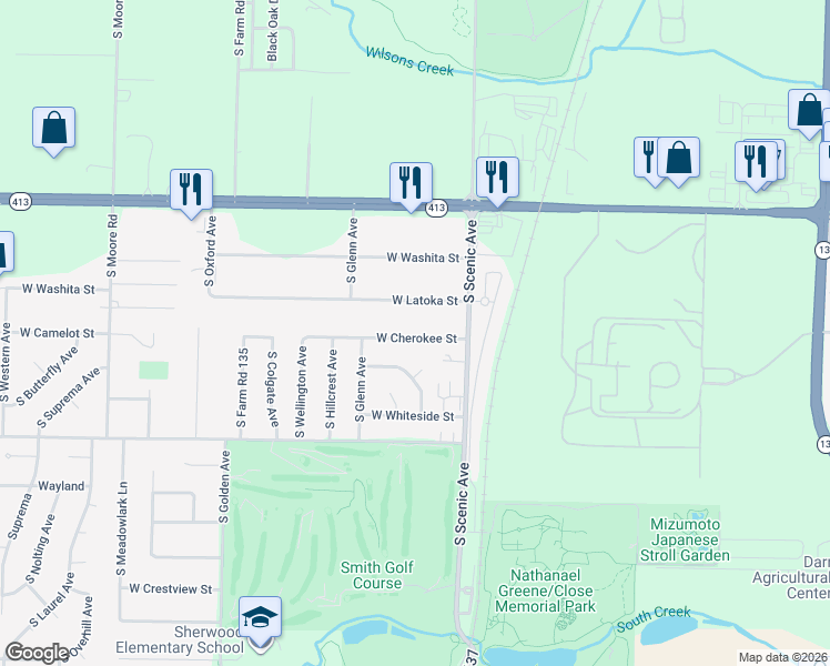map of restaurants, bars, coffee shops, grocery stores, and more near 2759 West Cherokee Street in Springfield